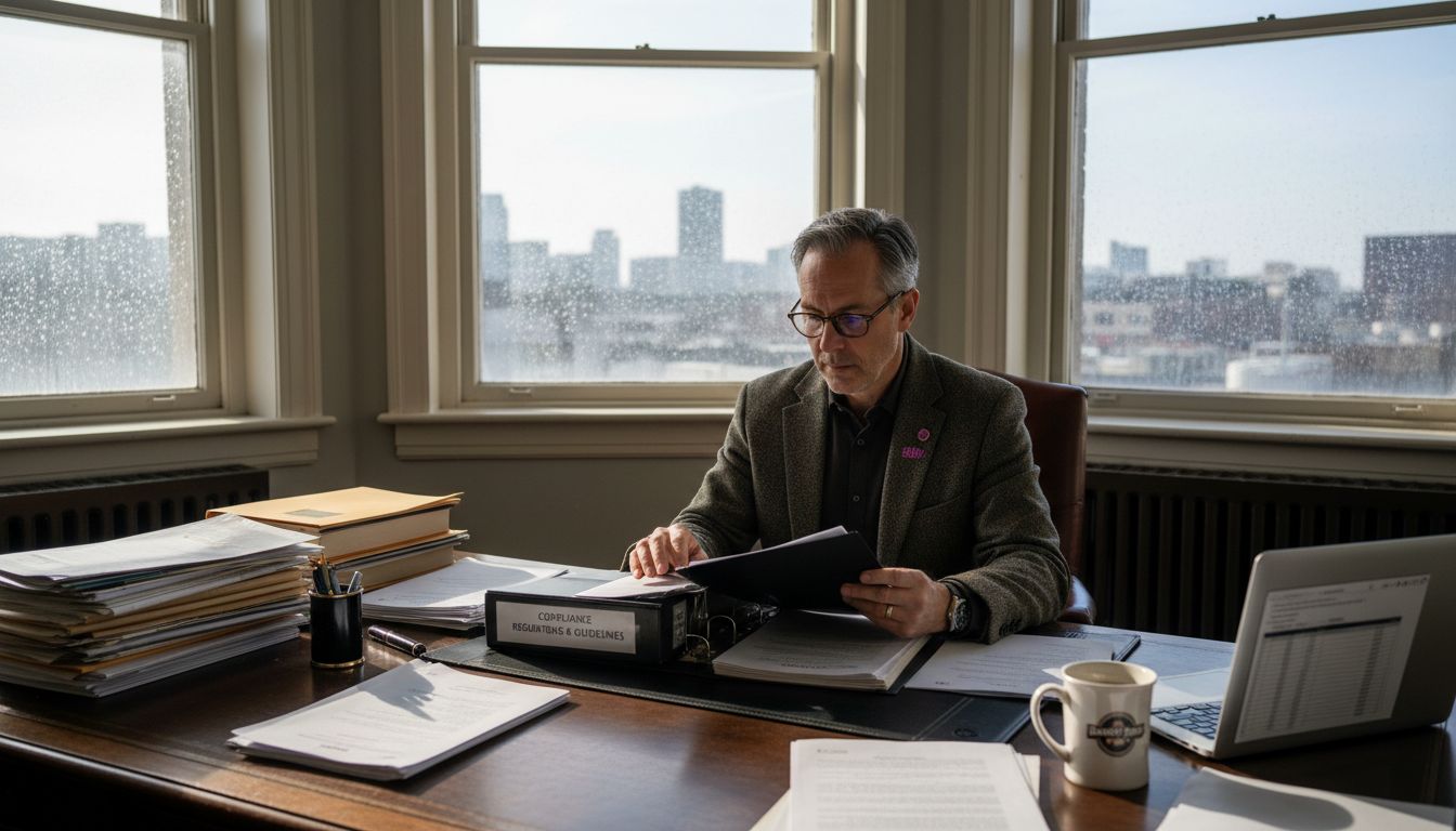 Corporate legal partner reviewing documents in office