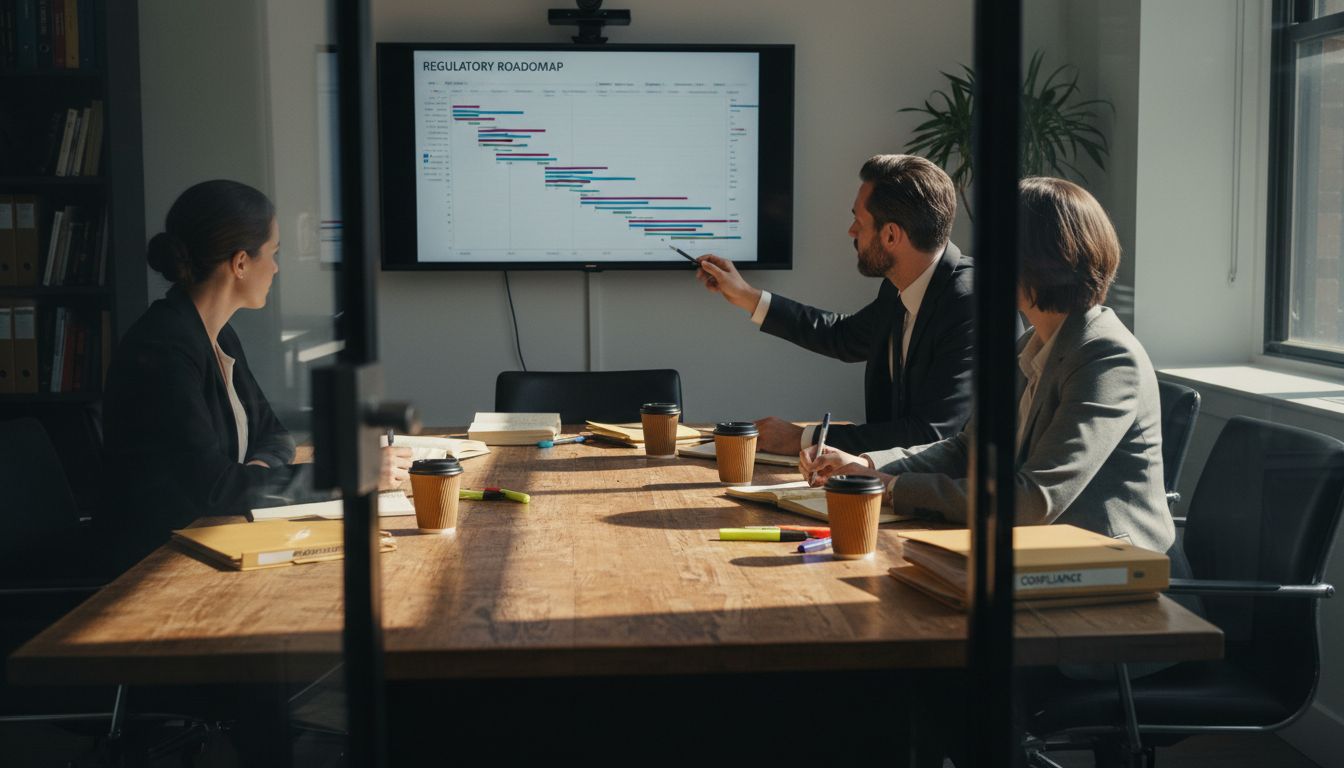 Team collaborating on legal compliance strategy