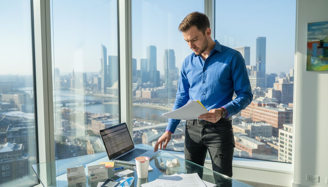 Startup founder with licensing papers in corner office