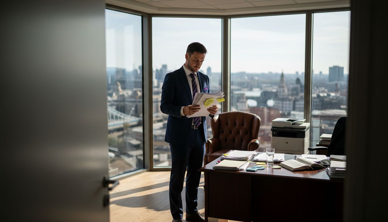Attorney reviewing documents corner office city view