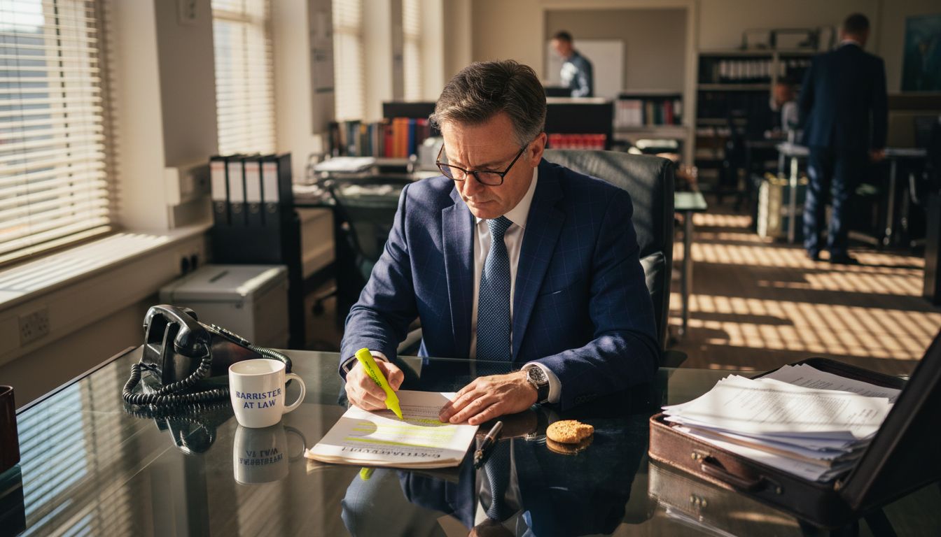 Lawyer reviewing high-risk contract at desk