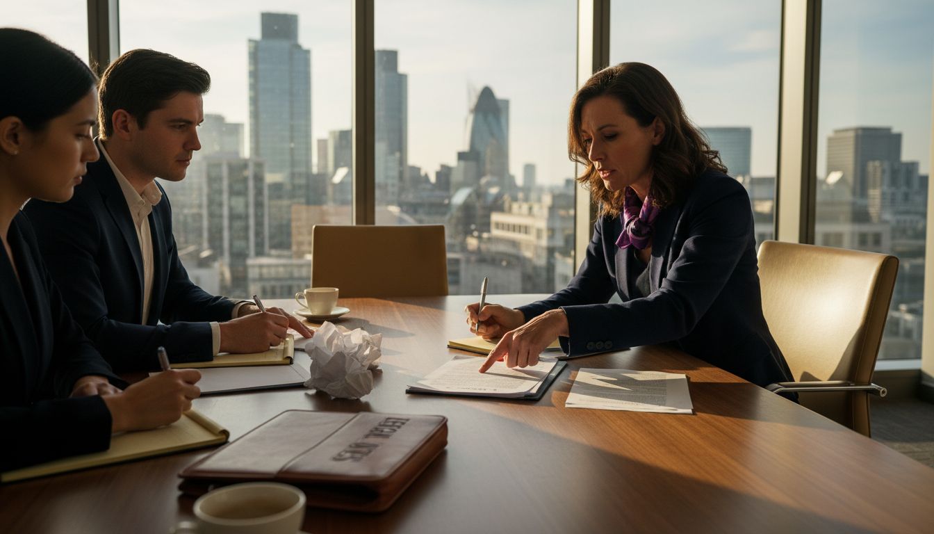 Team negotiating business contract in boardroom