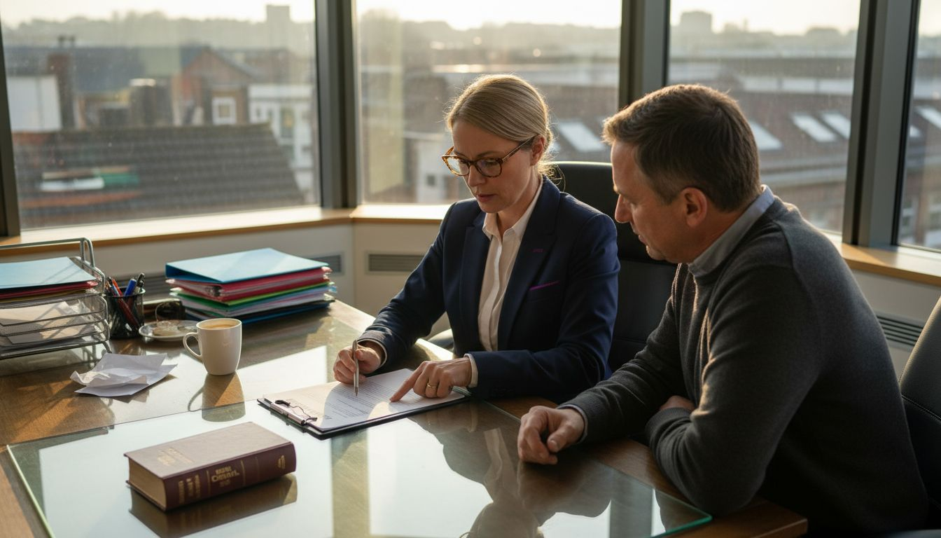 Lawyer reviews documents with client in office