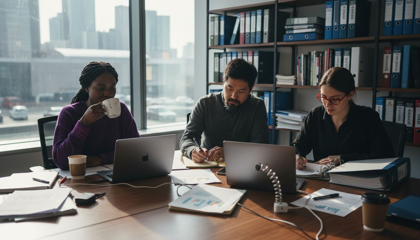 Fintech compliance officers reviewing documents