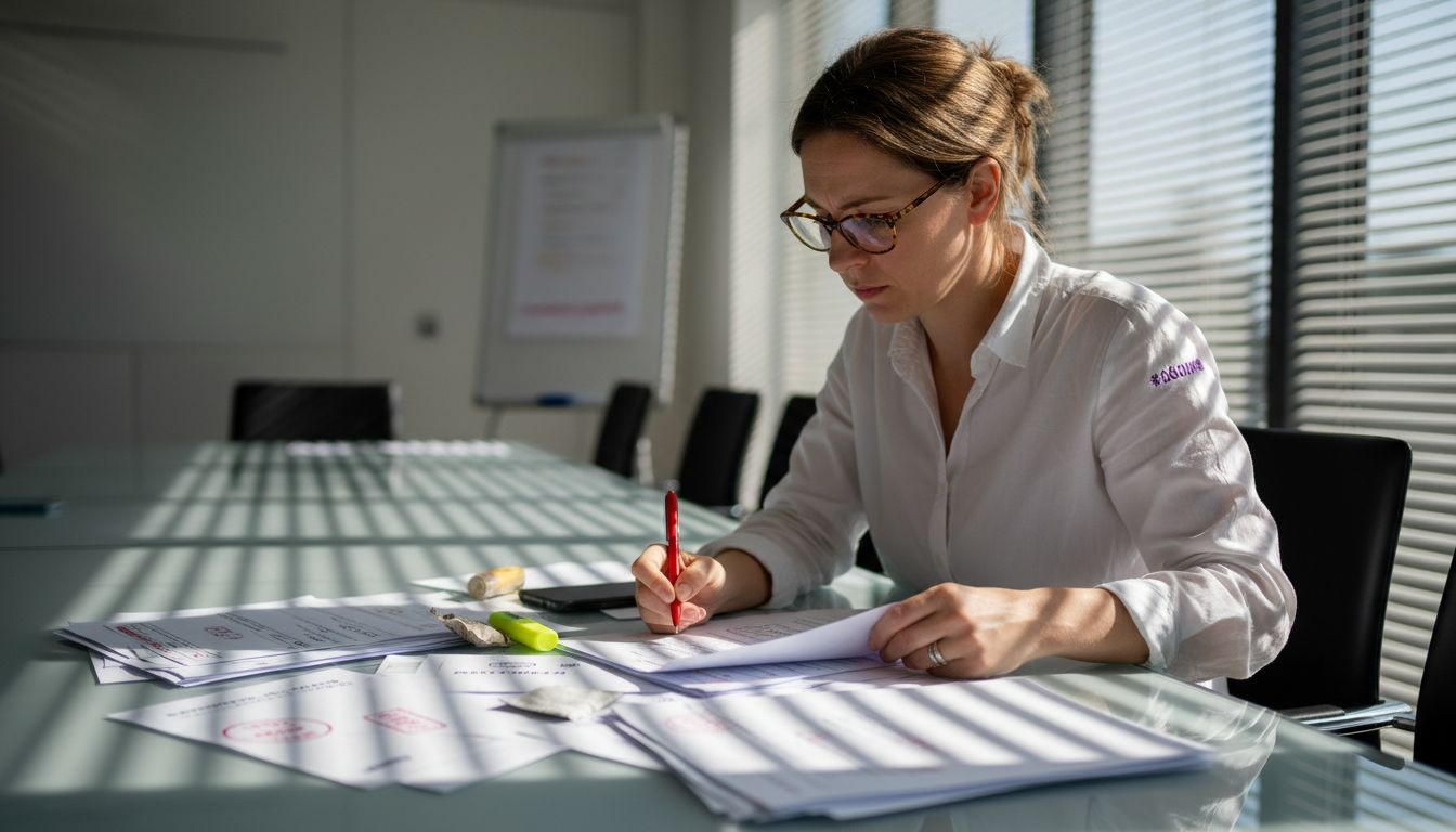 Manager reviewing global licensing documents