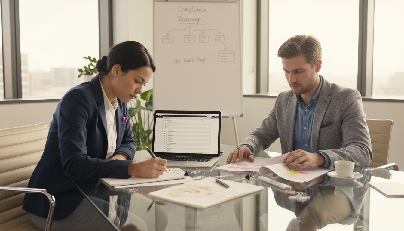 Fintech team reviewing compliance strategy