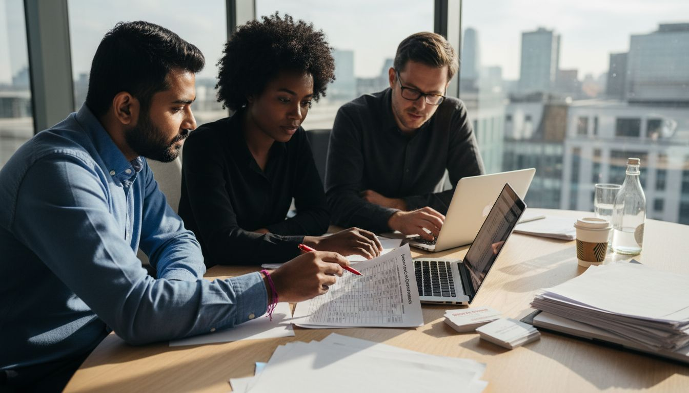 Startup founders reviewing compliance documents in corner office