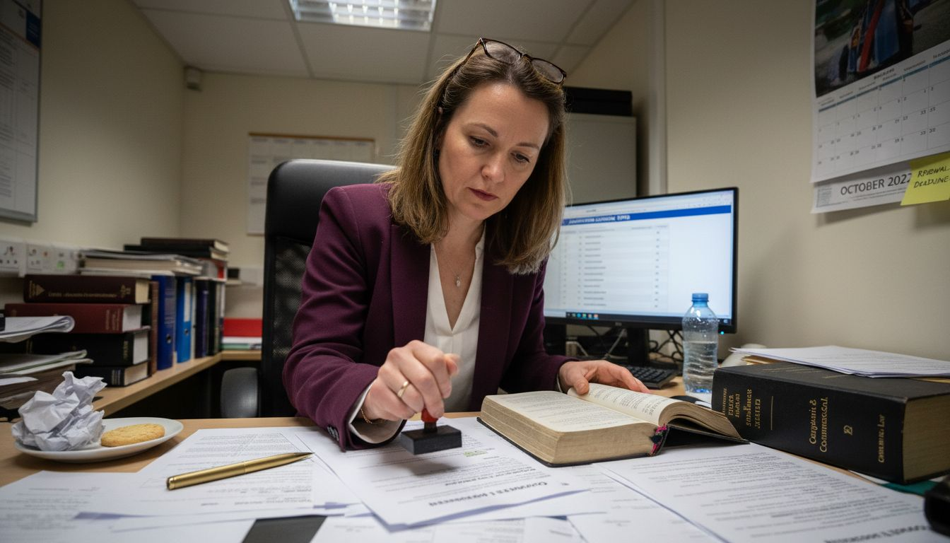 Compliance manager reviewing licensing paperwork