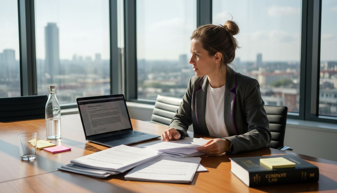 Startup founder reviewing legal documents in office