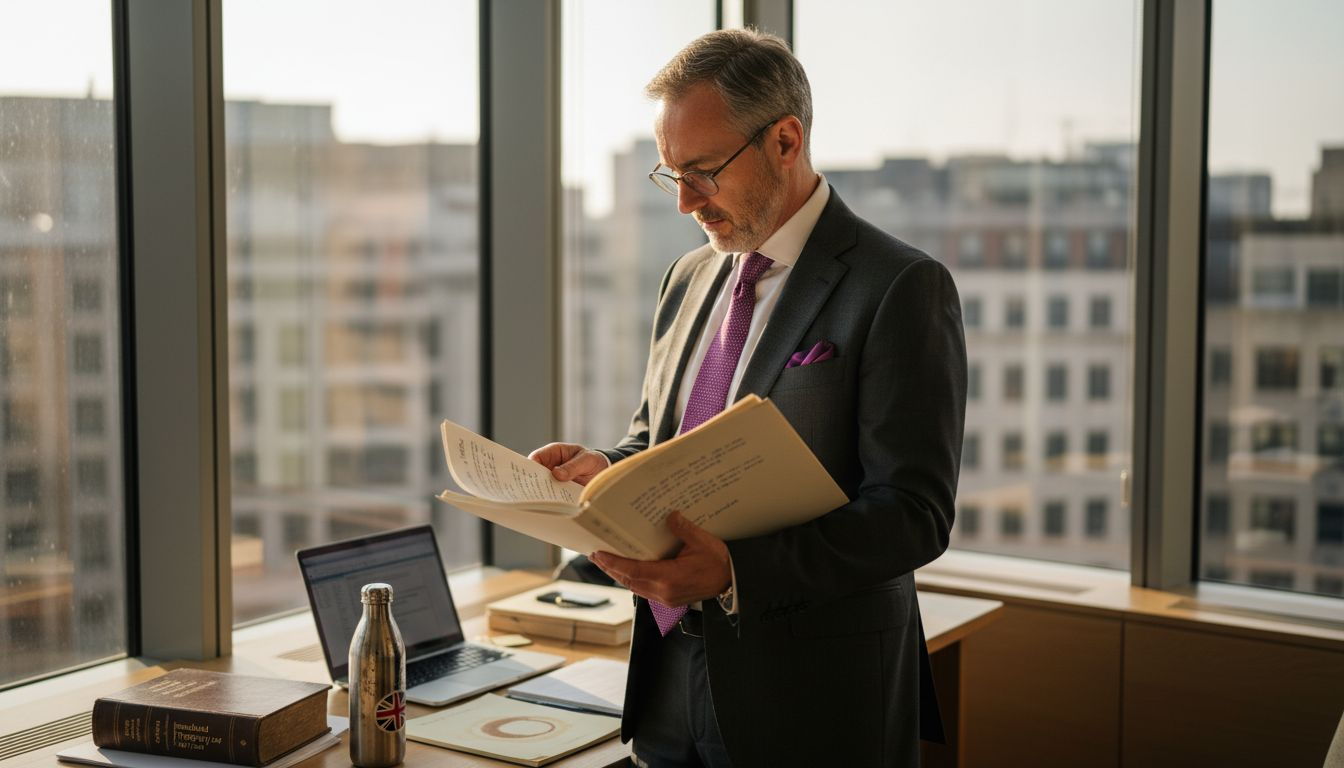 Attorney reviewing licensing contract in office