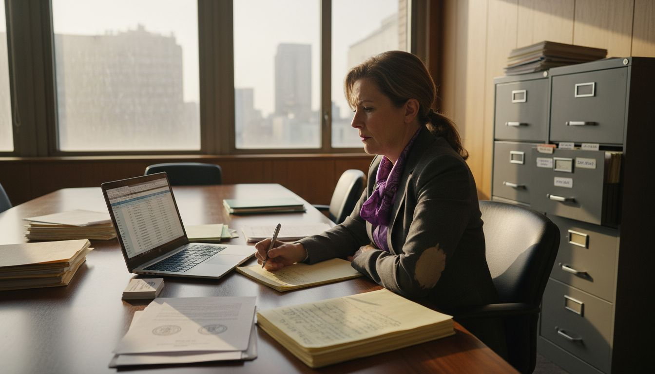 Compliance officer reviewing documents, office setting