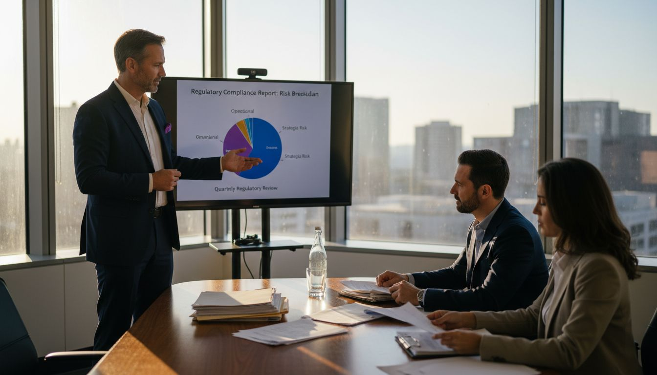 Compliance team meeting in high-rise office