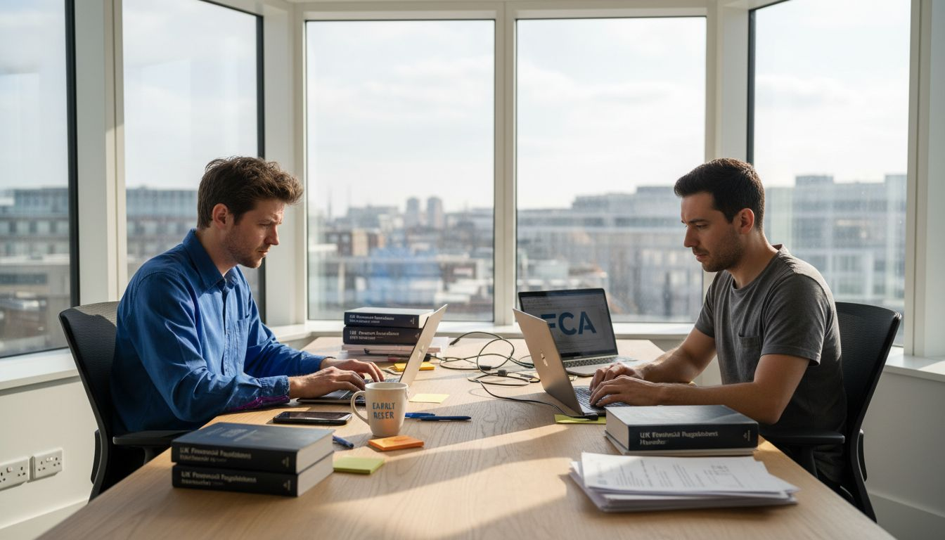 Fintech founders reviewing regulatory compliance documents