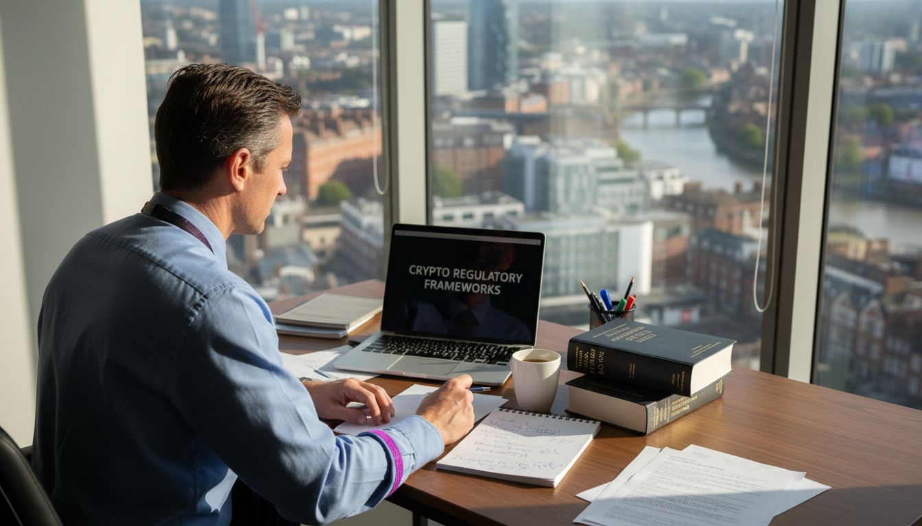 Crypto compliance officer reviews regulations at desk