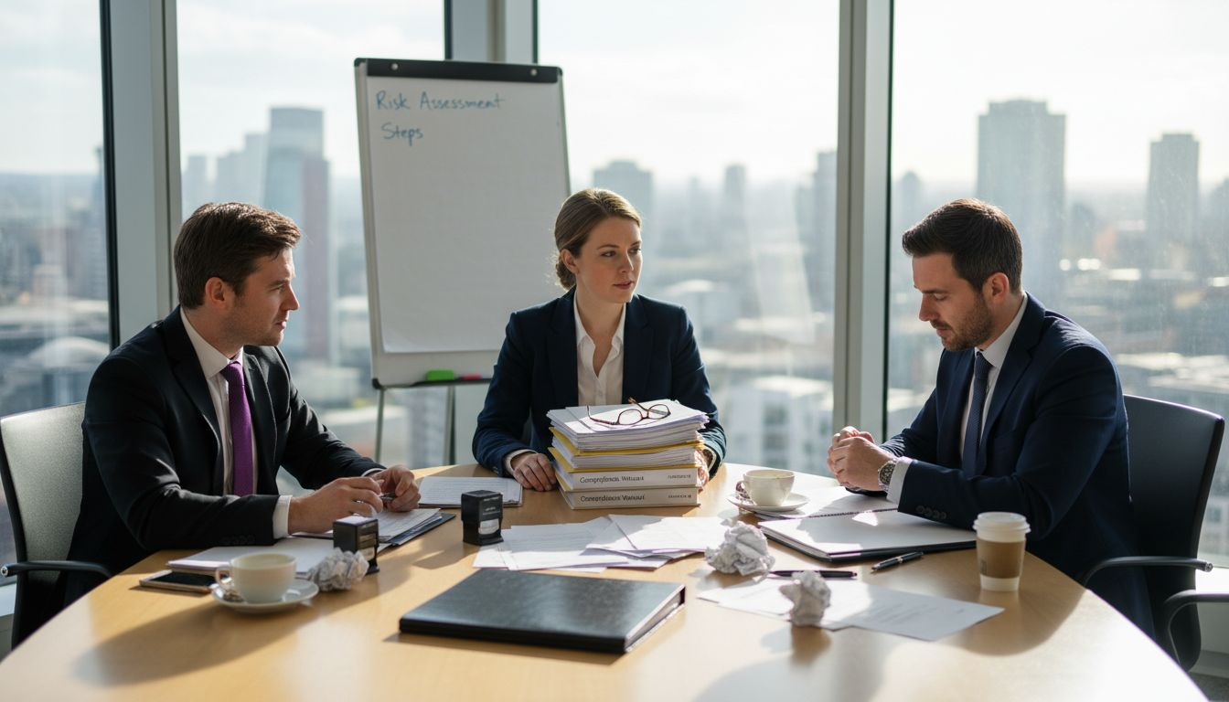 Business team reviewing legal documents in corner office