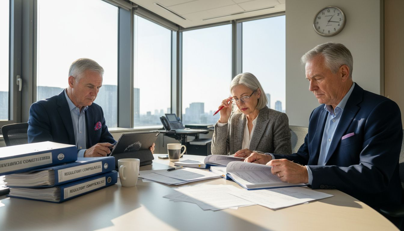 Executives review compliance documents in office