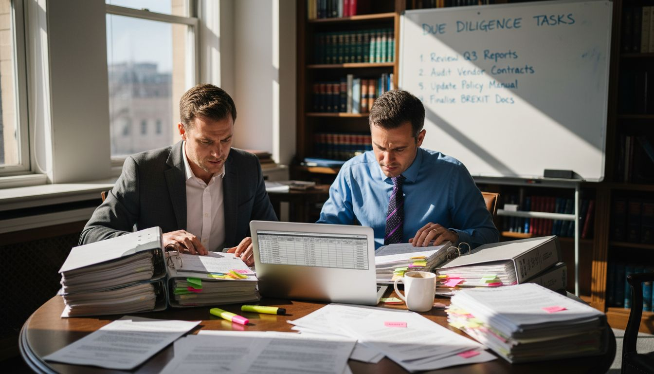 Compliance officers reviewing due diligence paperwork