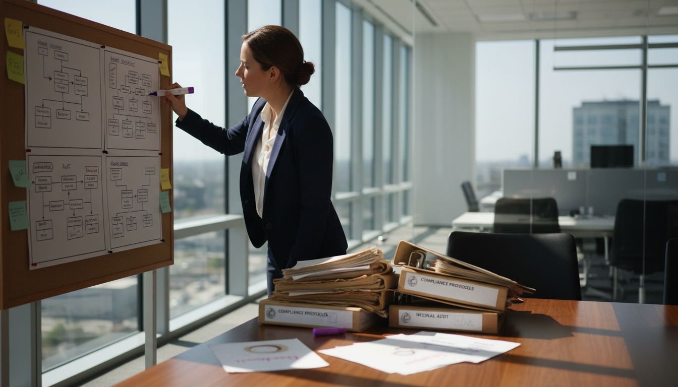 Manager reviewing controls chart in conference room