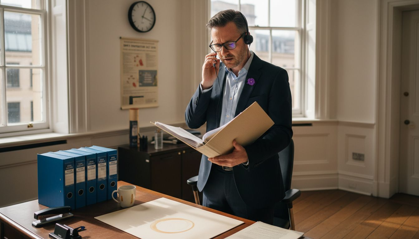 Compliance officer reviewing regulations in high-rise office