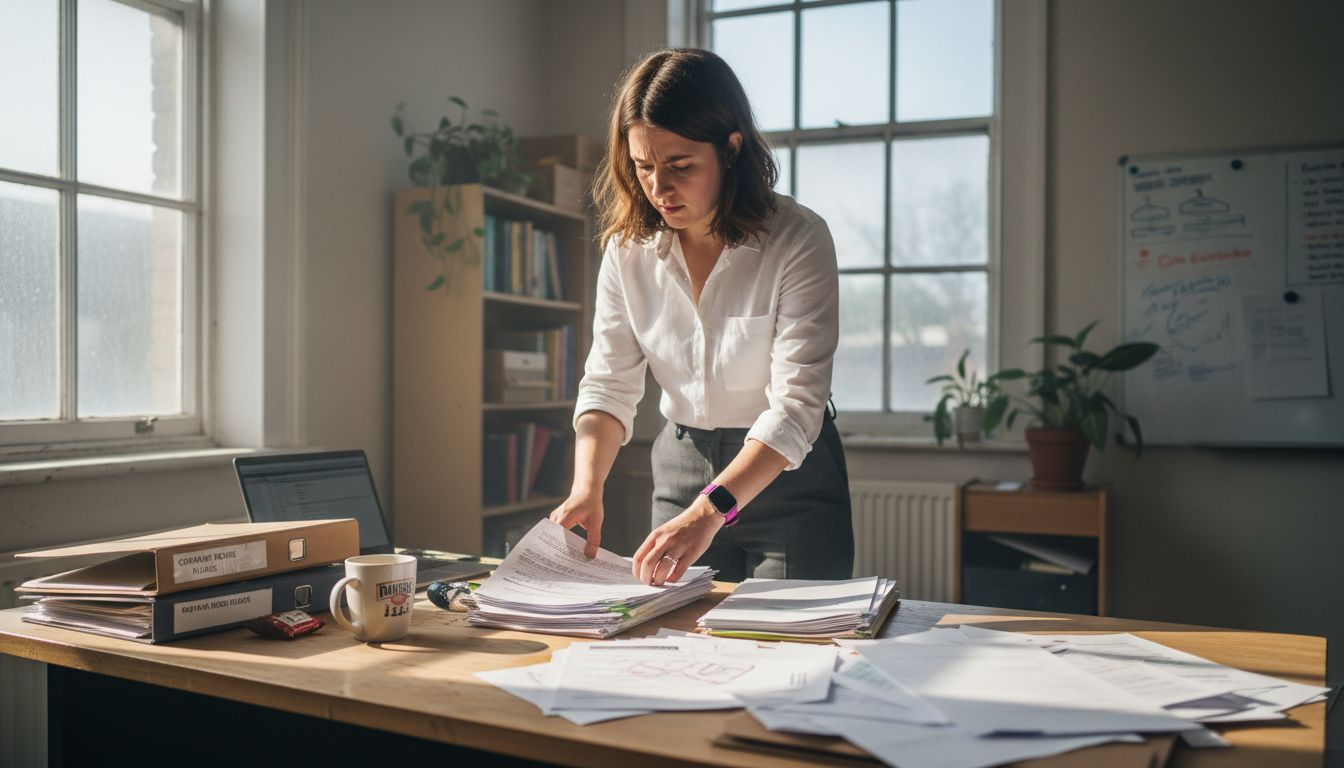 Entrepreneur sorting business licence paperwork in small corner office