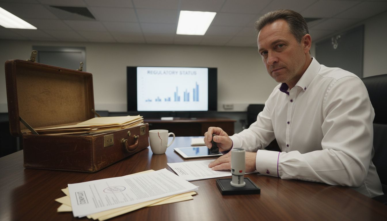 Lawyer completing regulatory paperwork at desk