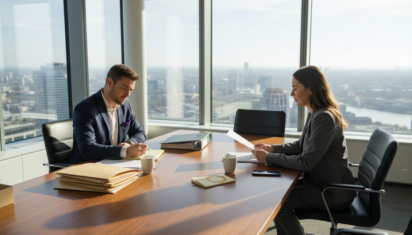 Legal team reviewing documents in city office