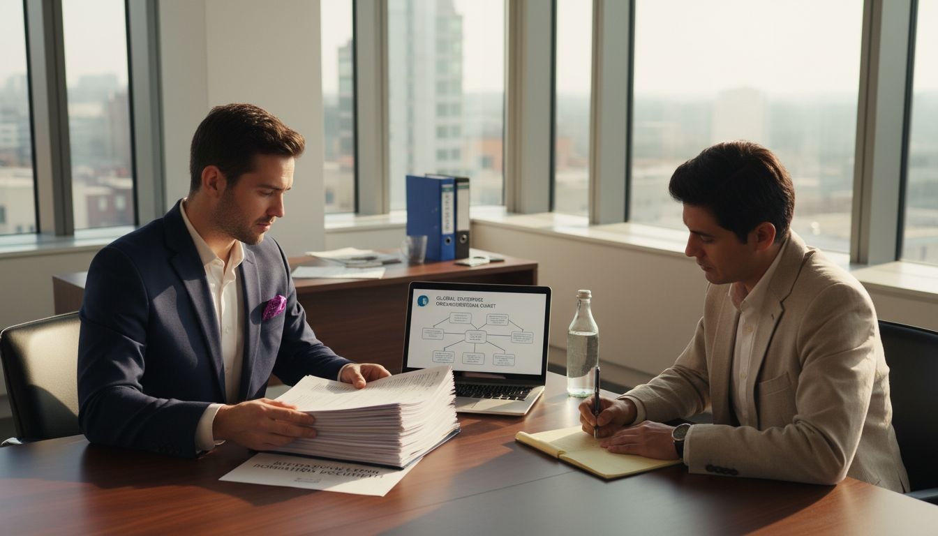 Professionals discussing company legal documents