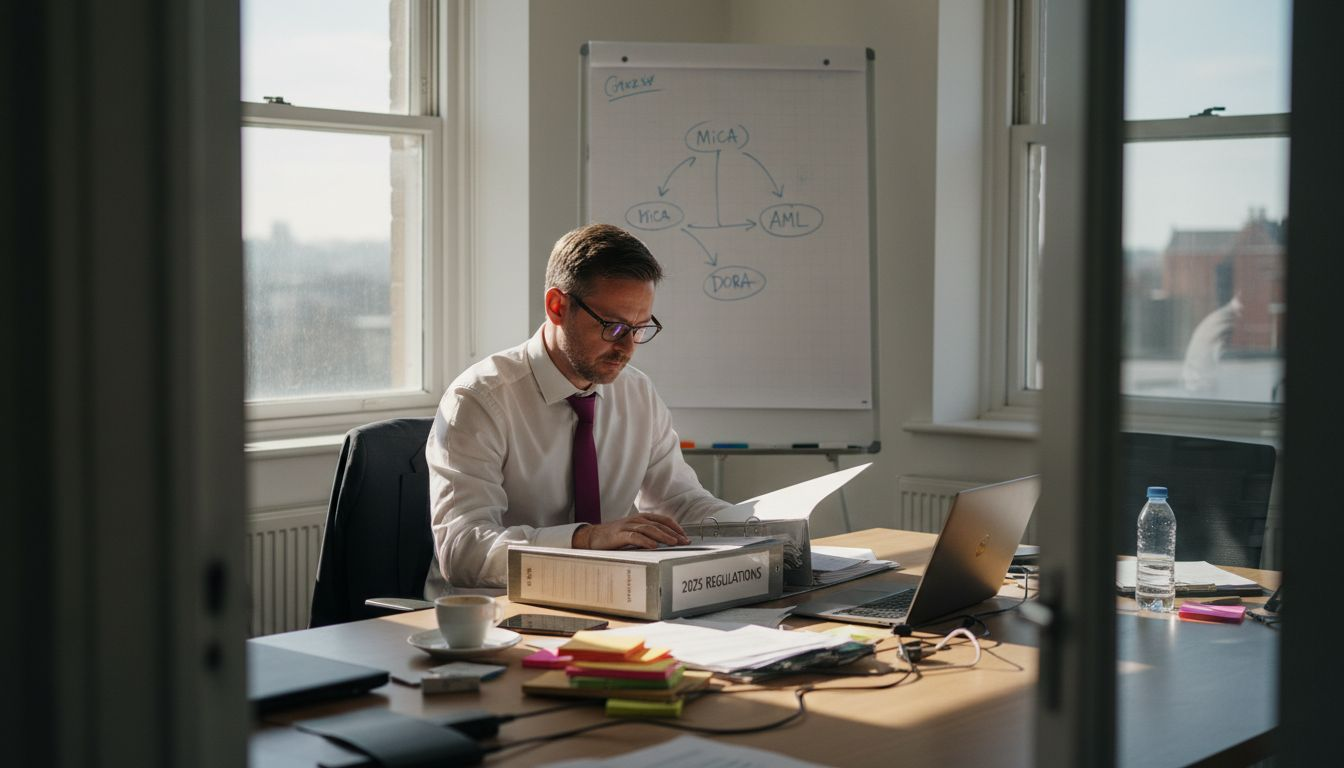 Compliance officer reviews fintech regulation paperwork