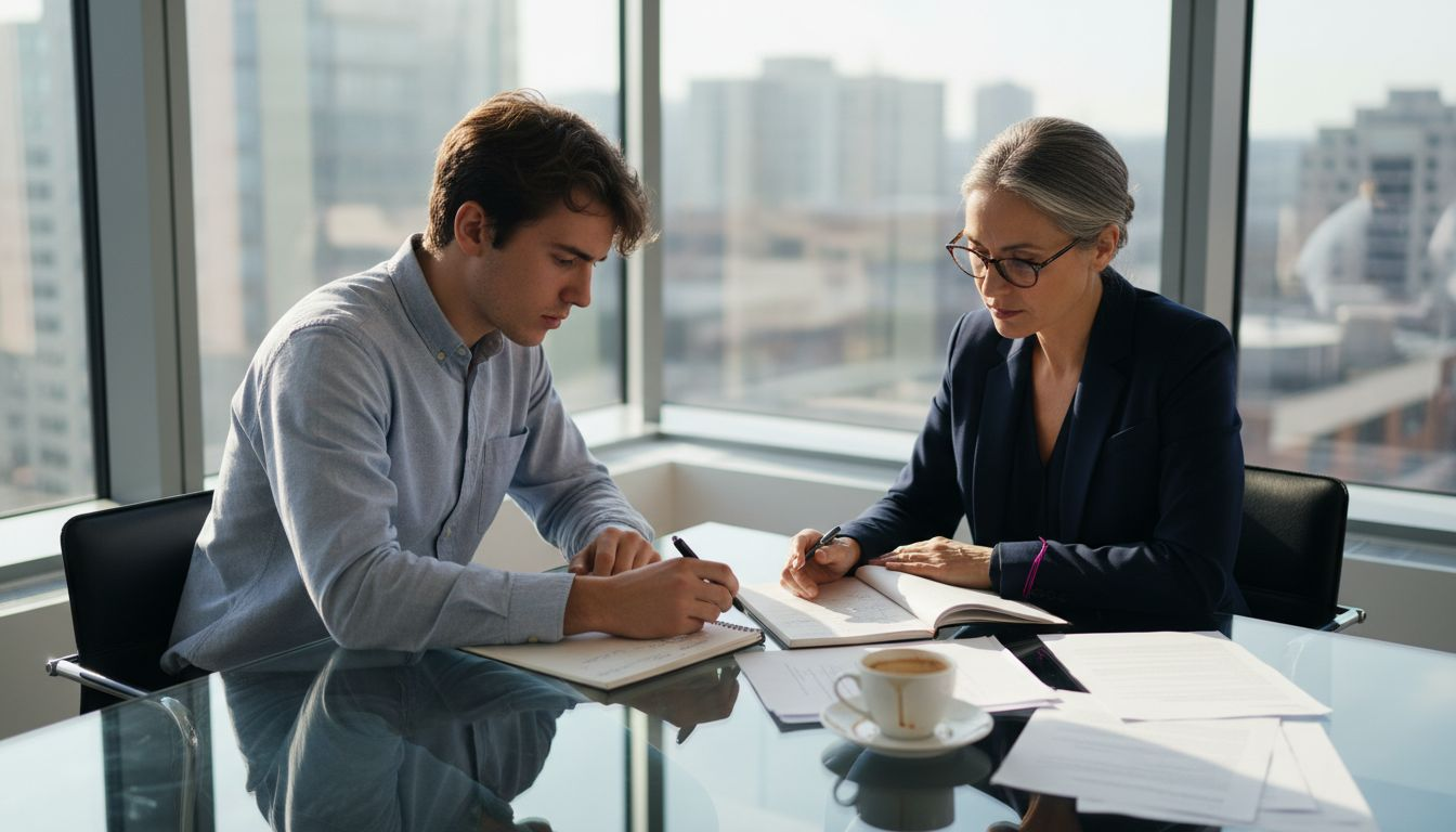 Startup founder and lawyer review paperwork together