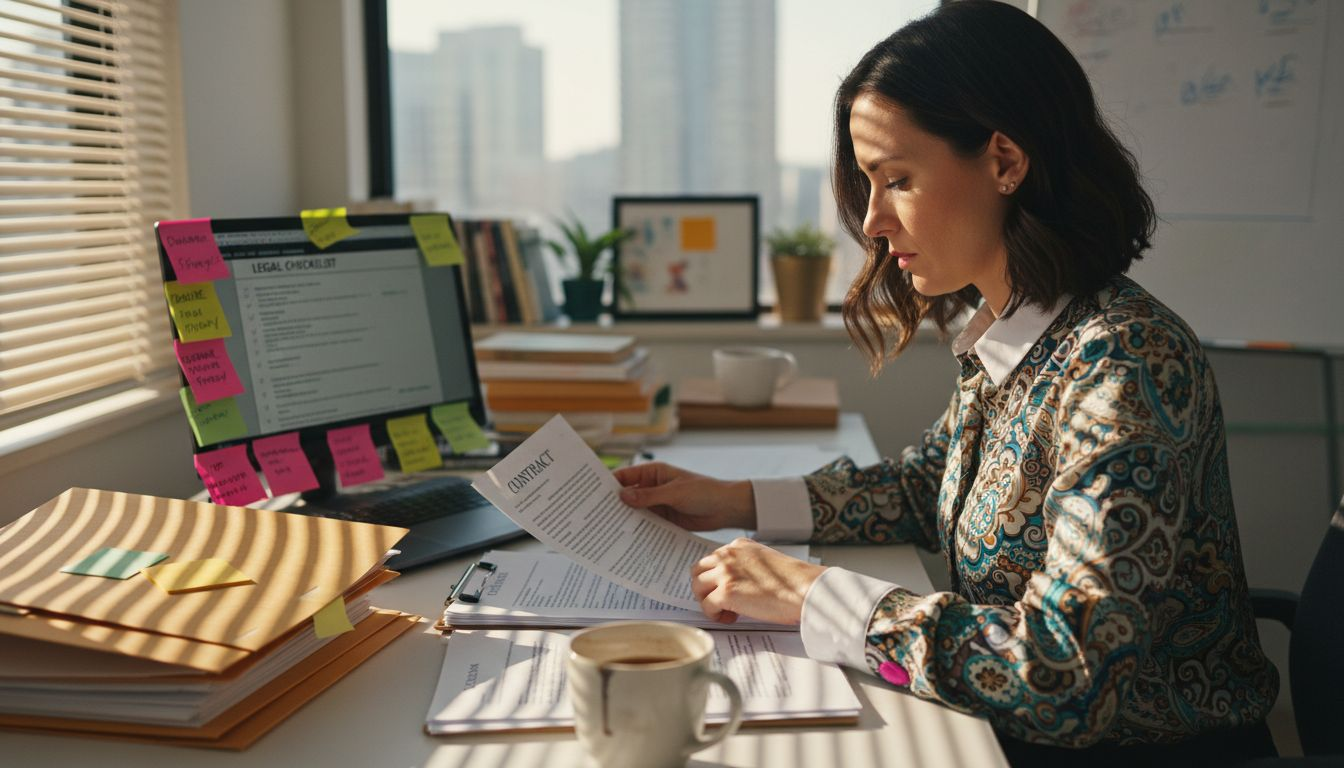 Startup founder reviewing documents for legal risk