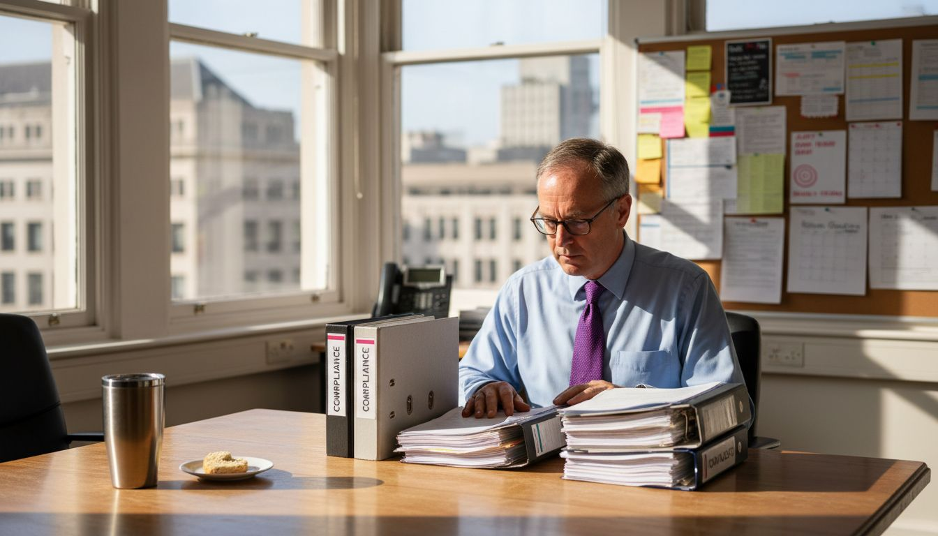 Compliance officer reviewing financial regulation documents