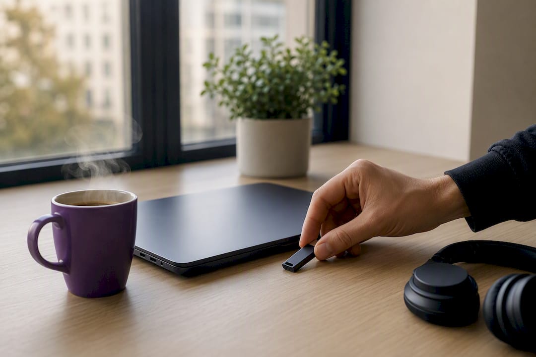 Ręka kładąca pendrive obok laptopa na biurku