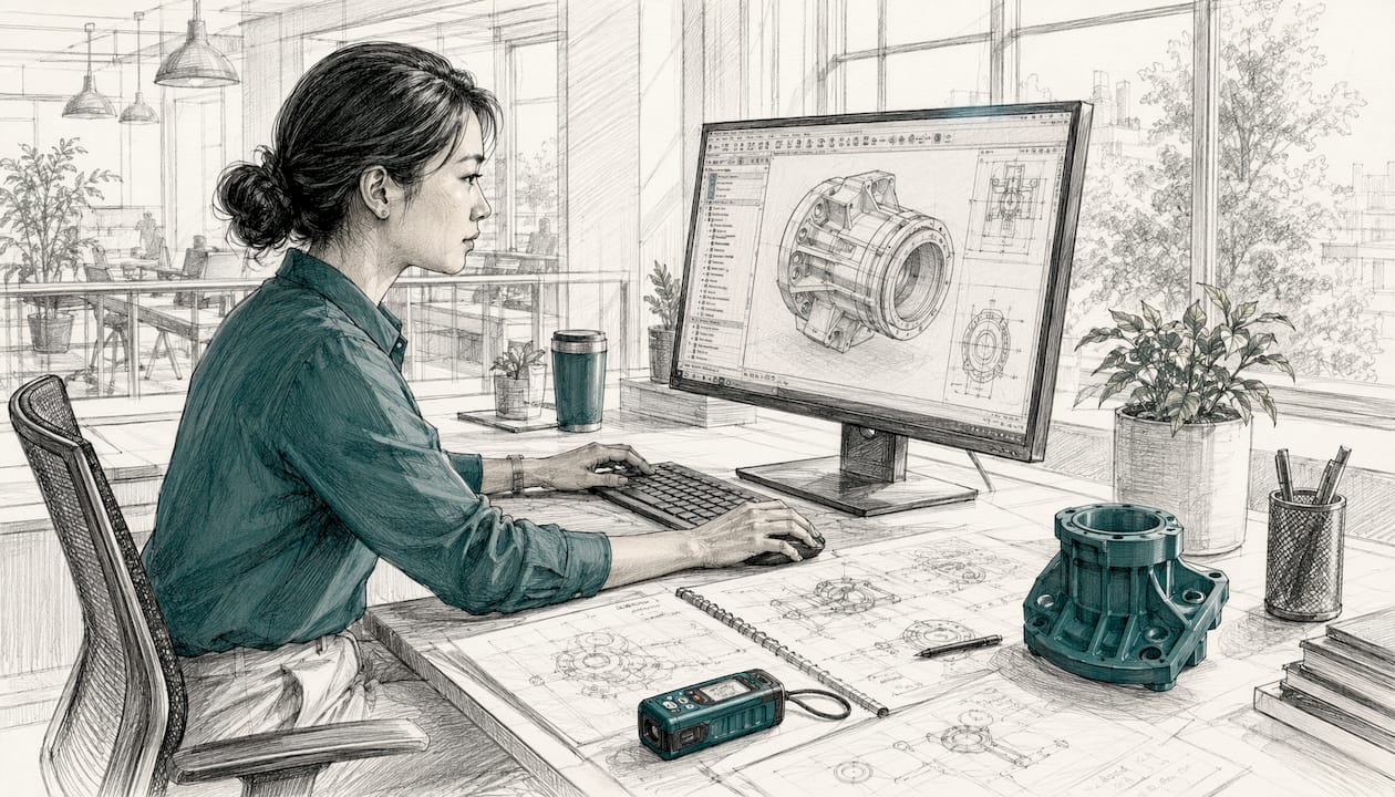 Engineer working on poka yoke CAD design at desk