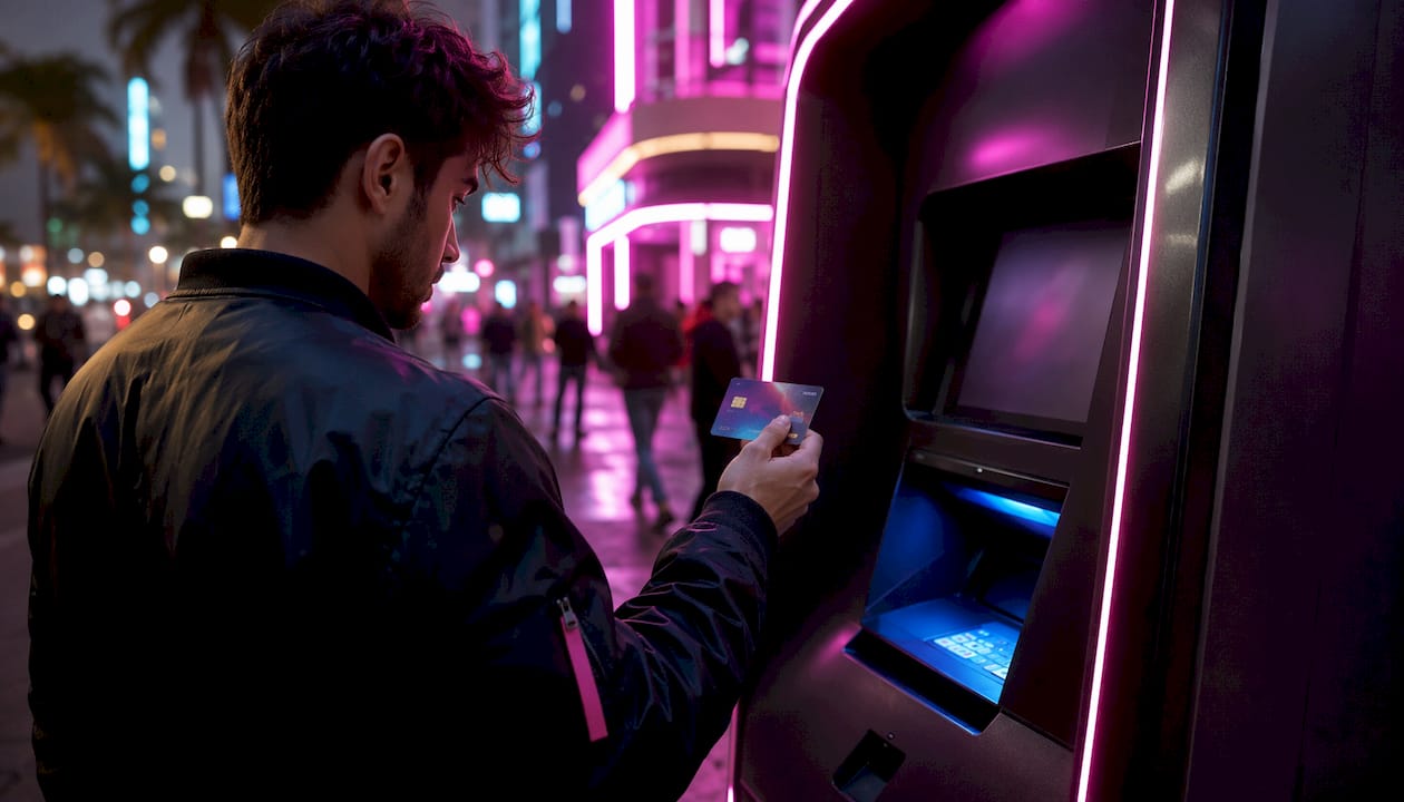 Player using GTA 6 ATM banking system outdoors