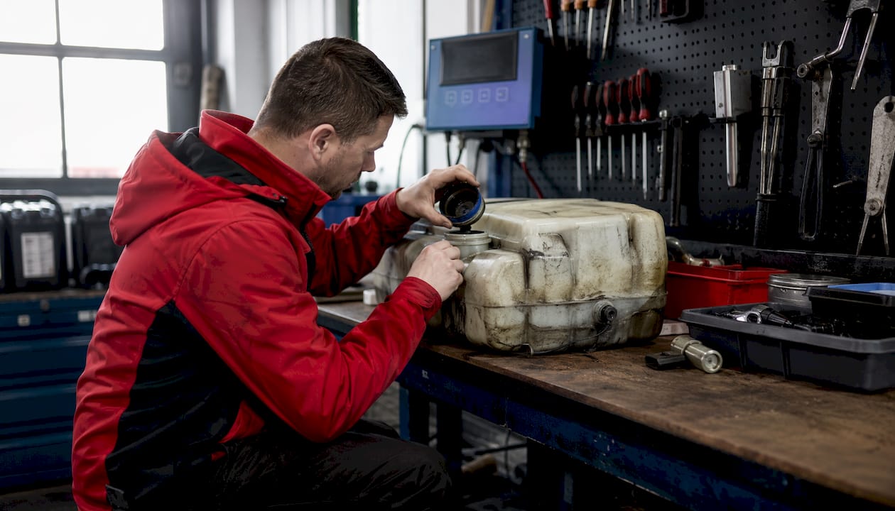 Hands draining AdBlue tank in workshop