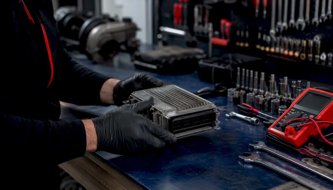 Close-up of hands holding car ECU unit