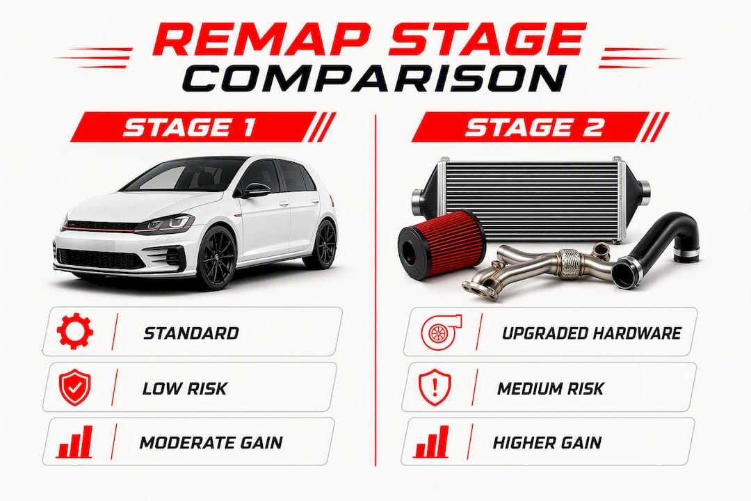 Infographic comparing remap stage risks and gains
