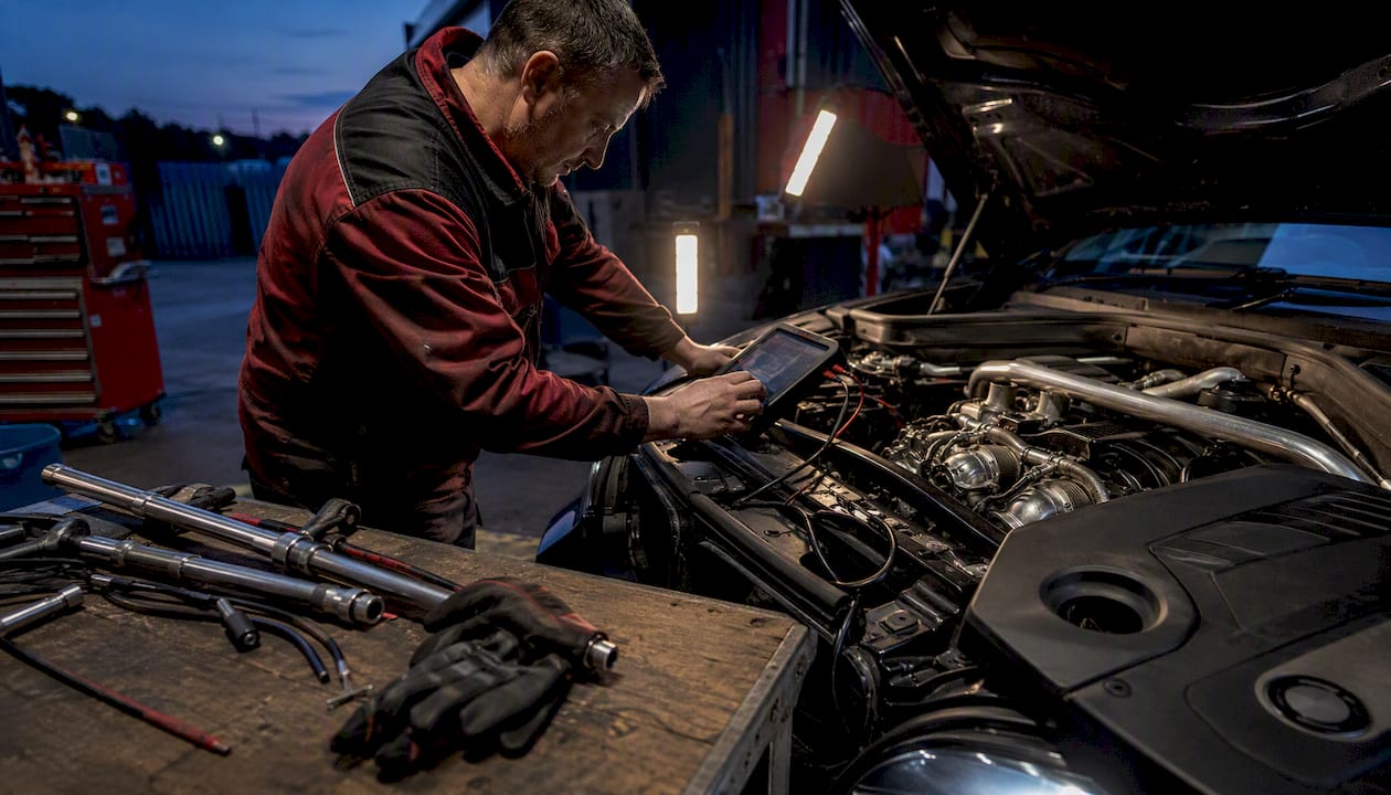 Engineer tuning BMW B58 engine hands close-up