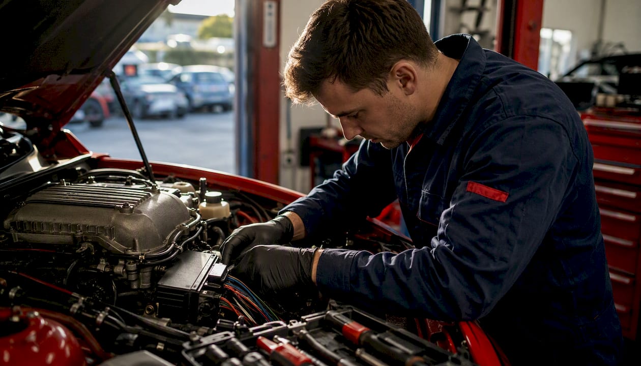 Mechanic inspecting engine control unit in garage