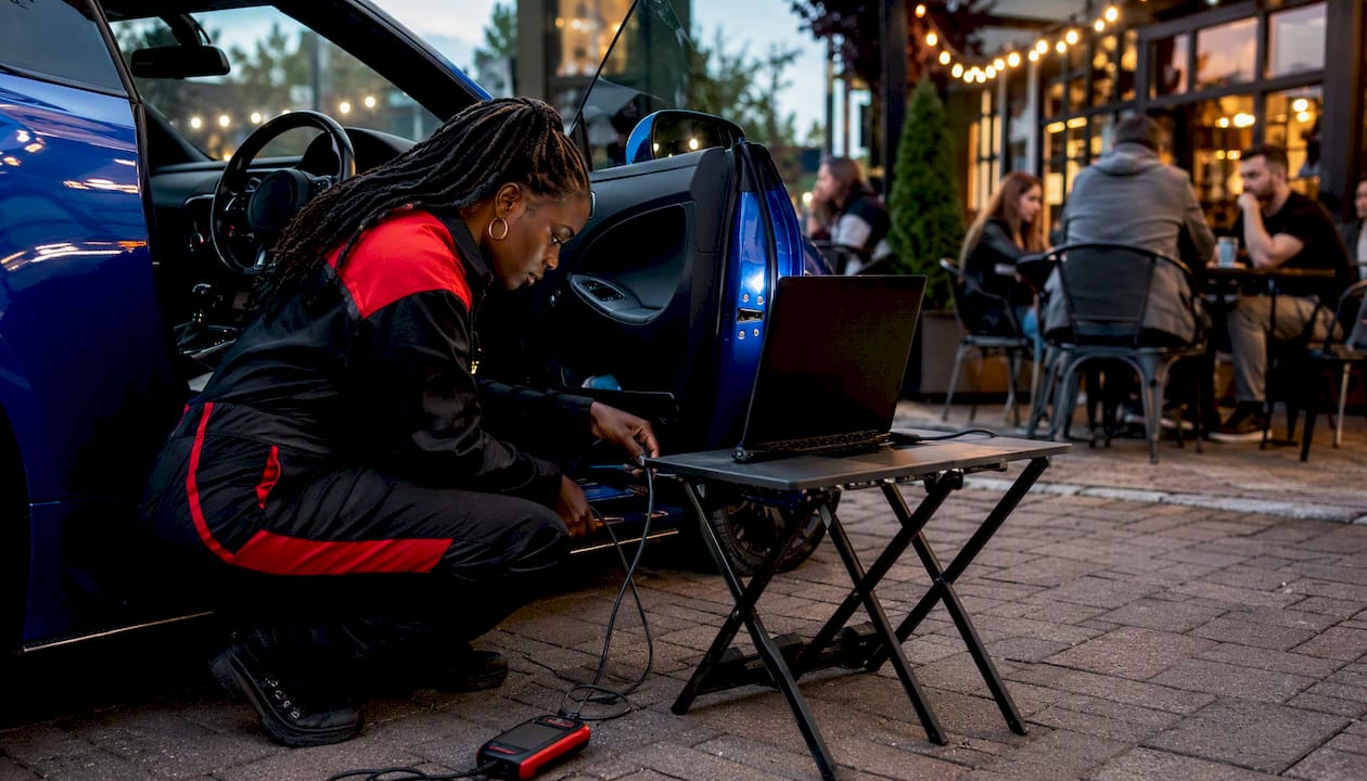 Mobile car tuner working on vehicle OBD port