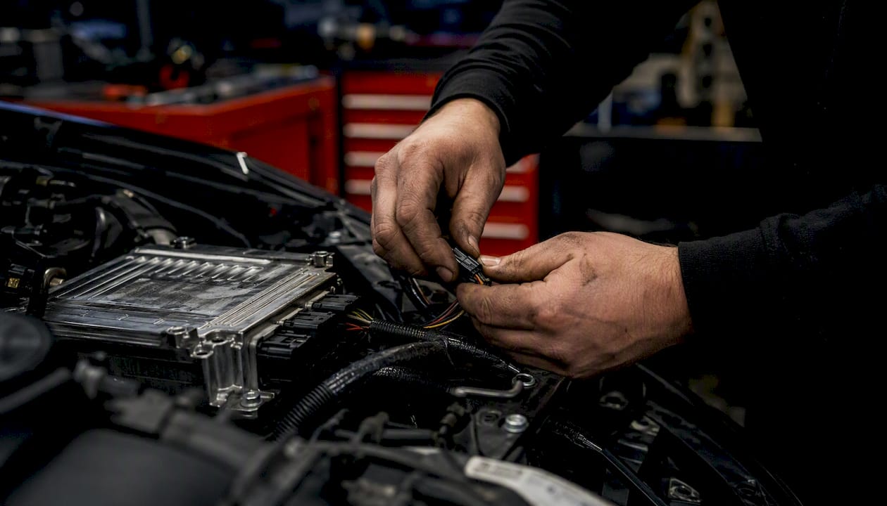 Technician hands adjusting diesel engine wiring