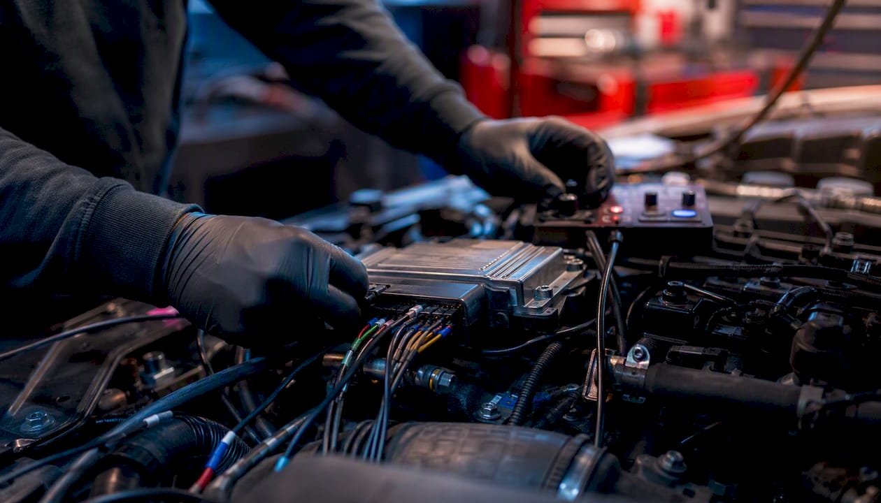 Hands calibrating diesel ECU in tuning bay
