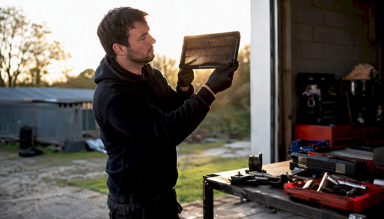 Hands holding used car air filter for inspection