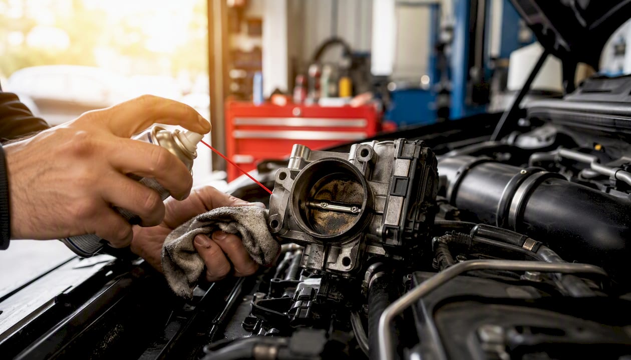 Hands cleaning throttle body with spray and rag