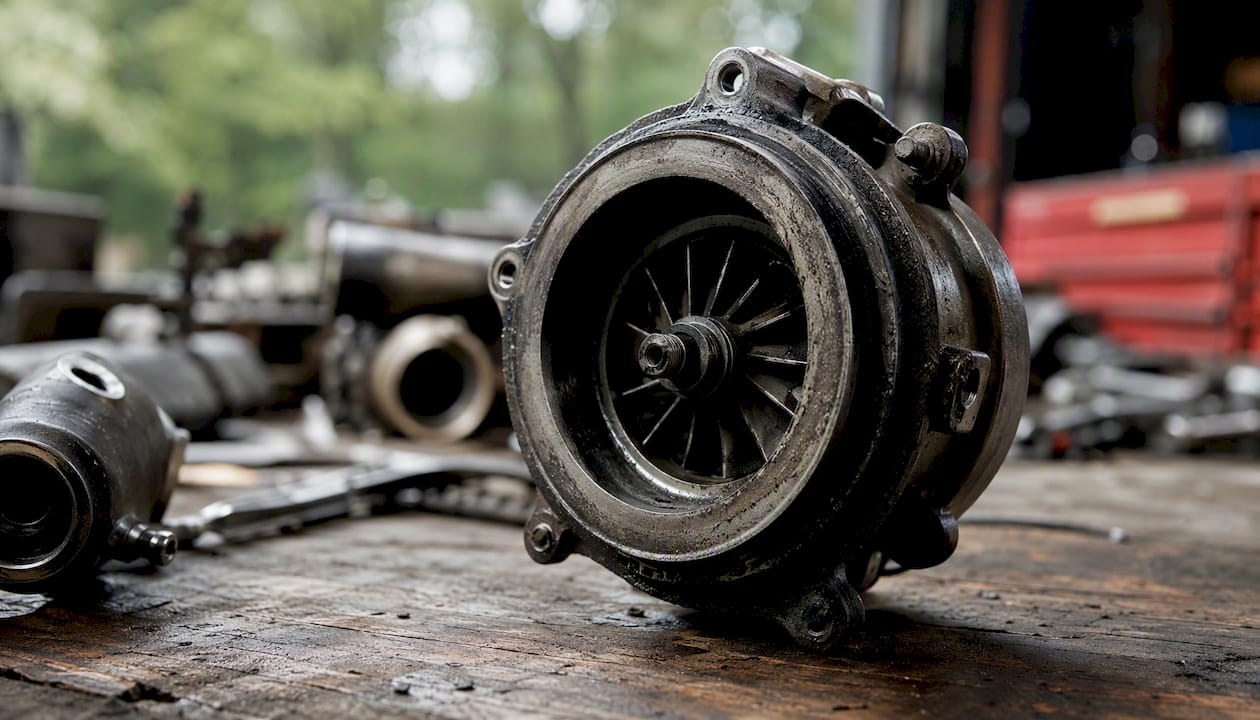 Close-up of worn turbocharger compressor wheel