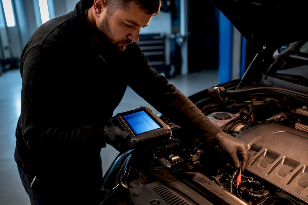 Technician checking engine sensors before remapping
