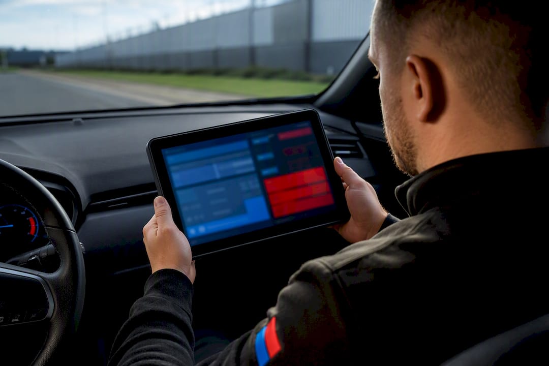 Technician reviewing live data during road test