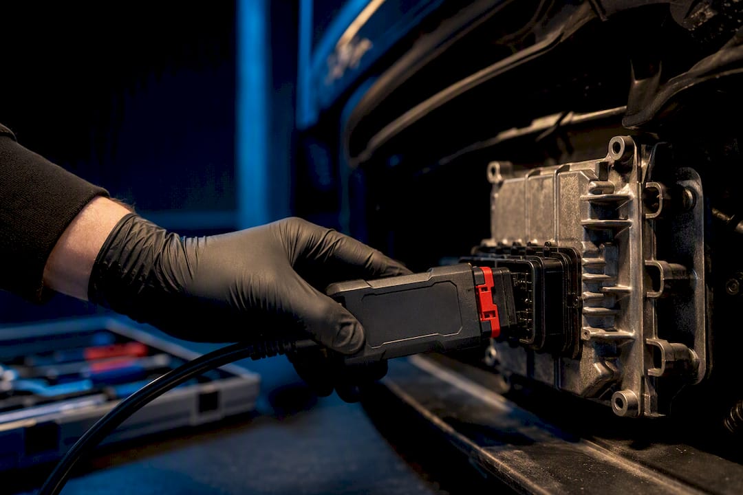 Technician connecting diagnostic equipment to ECU