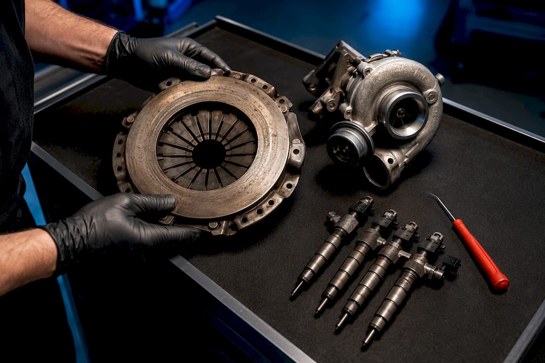 Worn engine components undergoing workshop inspection