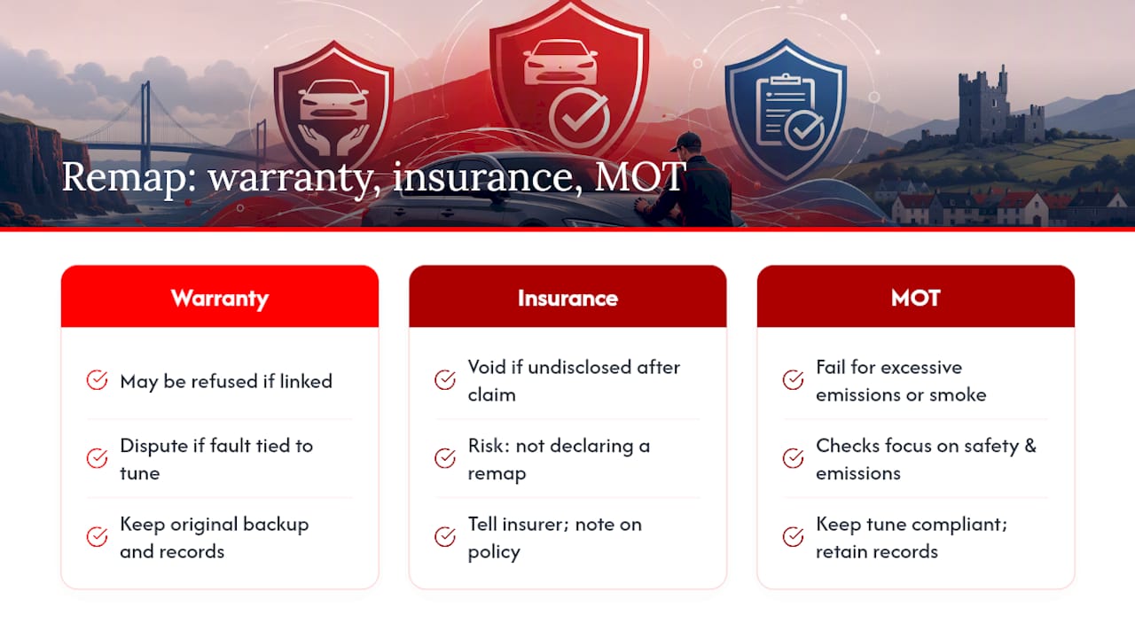 Does remapping affect warranty, insurance or MOT? — overview diagram